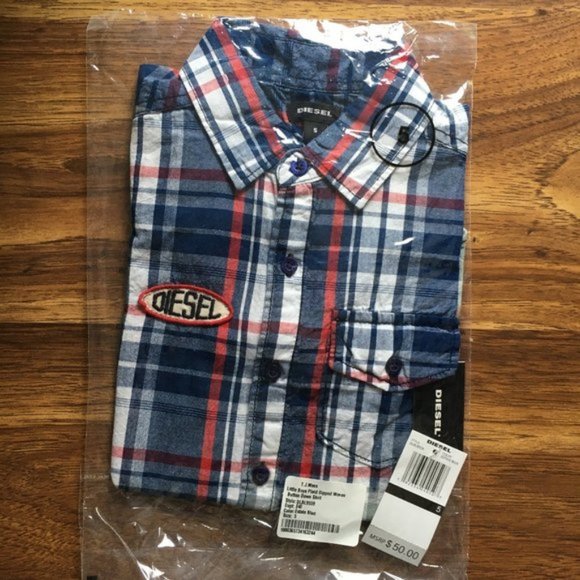 Diesel Boys Plaid Dipped Woven Button Down Shirt - Picture 3 of 3